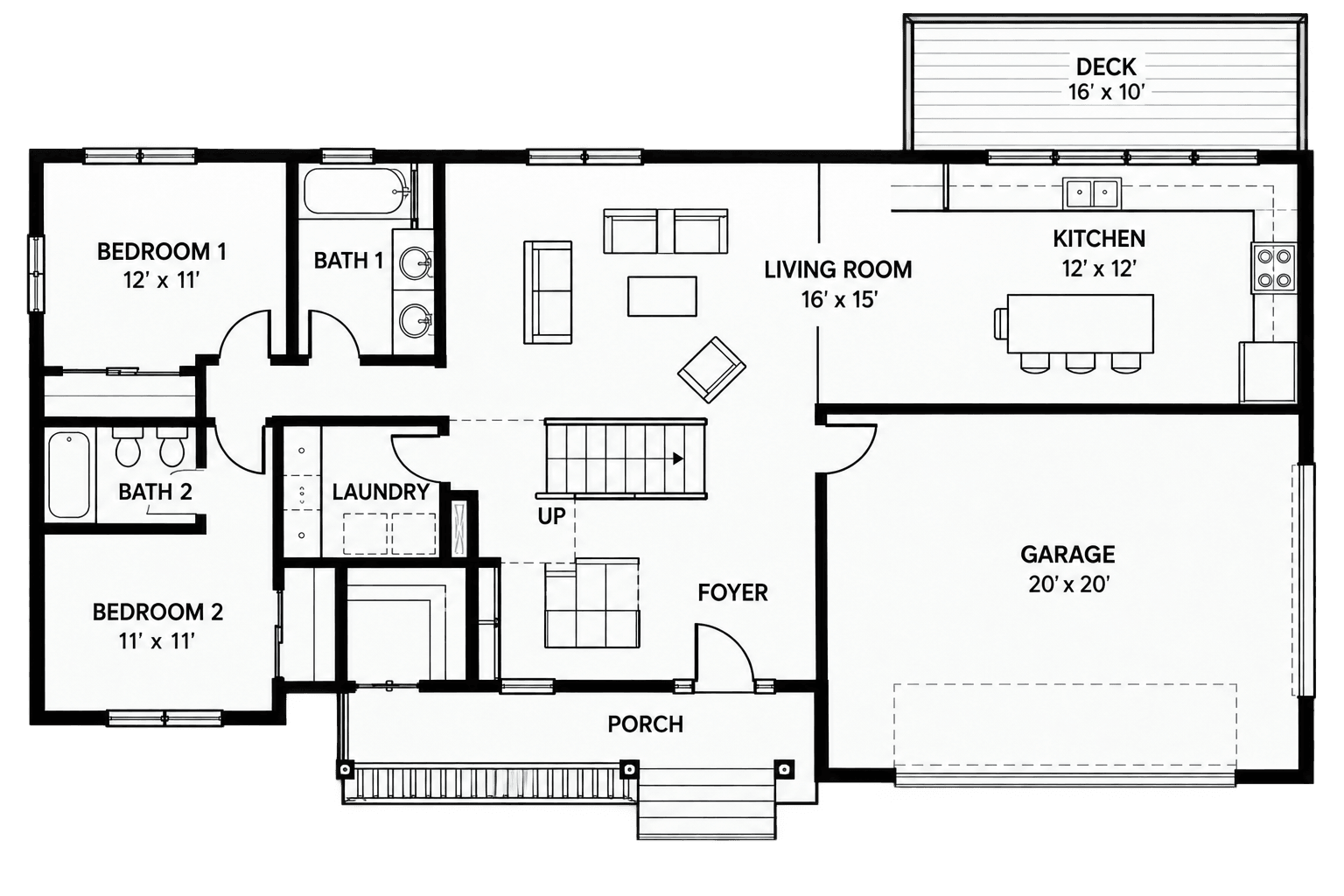 Sample floor plan, sheet A-101: two bedrooms, two baths, laundry, living room, kitchen, garage, rear deck and front porch, with three review flags marked in red.